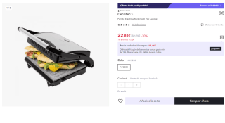 Parrilla eléctrica Cecotec Rock`nGrill. 700W, Revestimiento de Piedra RockStone por 11.44€