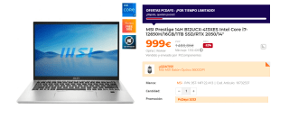 Ordenador Portatil MSI Prestige 14H B12UCX-413XES Intel Core i7-12650H/16GB/1TB SSD/RTX 2050/14" por 999€
