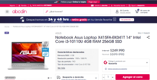 Notebook Asus Laptop X415FA-EK041T 14" Intel Core i3-10110U 4GB RAM 256GB SSD por $249.990