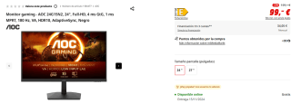 Monitor gaming AOC 24G15N2, 24", Full-HD, 4 ms GtG, 1 ms por 99€ y el de 27" por 119€