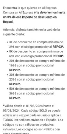 Código 3€ Descuentos en AliExpress con Repsol
