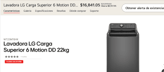 Lavadora carga superior 6 Motion DD 22kg por $16,841.05 en LG