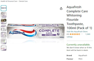 Pick the Aquafresh complete care whitening fluoride toothpaste for £1 at Amazon