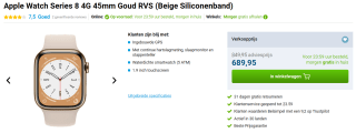 Apple Watch Series 8 - 4G - 45mm - Goud Roestvrijstaal voor €699,95 bij Belsimpel