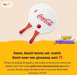 Gratis Coca-cola beach tennis set bij Mc Donalds