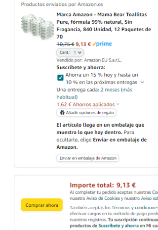 Pack 12 paquetes Toallitas Mama Bear Toallitas Pure 840 Unidad por 9,13€