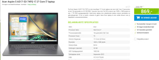 Acer Aspire 5 A517-53-74FQ 17.3" Core i7 laptop voor €869 bij Megekko