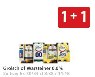 Alle Grolsch of Warsteiner 0.0% 1+1 gratis bij Jan linders