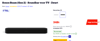 Sonos Beam (Gen 2) - Soundbar voor TV wit of zwart voor €349 bij Bol