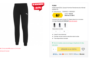 Puma teamGOAL Pantalones chándal por 6,99€ y sudaderas por 9,99€