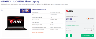 MSI GF63 Thin 11UC-453NL gaming laptop voor €699 bij Azerty