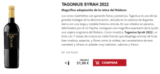 6 Botellas de Tagonius Syrah 2022 por 41€