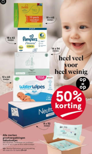 50% korting op alle merken grootverpakking babydoekjes bij Etos