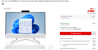 Ordenador All in one - HP 22-df0083ns, 21.5" FHD, Intel Celeron J4025, 8GB, 256GB SSD, Intel UHD 600, W11 por 293.2€