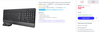 Ensemble Clavier Souris sans Fil Trust Trezo, AZERTY à 32,99€