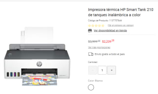 Impresora HP Smart Tank 210 por $2,239.20 en Liverpool