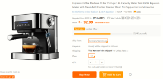 Espressomachines (20 bar / 850W) voor €92,99 bij Tomtop