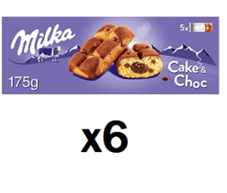 Pack 6 Milka Cake & Choc Bizcocho con Pepitas de Chocolate 185g por 11.68€.