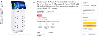Multicontacto de Pared, Protector de Sobretensión de Pared con Extensor de 6 Tomas con 3 Puertos USB (1 USB-C) por $179 en Amazon