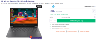 HP Victus Gaming 16-r0054nd 16.1" laptop voor €1199 bij Azerty