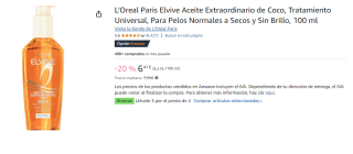 3 Botes de L'Oreal Paris Elvive Aceite Extraordinario de CocoTratamiento cabello 100ml por 12.49€
