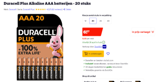 Duracell Plus 100% Extra Life AAA Alkaline Batterij (20 stuks) voor €6,67 bij Bol.com