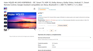 Smart tv marca Haier HQLED 4K UHD modelo H58P800UG - 58" por 479€