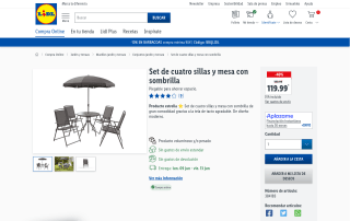 Set de cuatro sillas y mesa con sombrilla para jardín, terraza o balcón por 119,99€