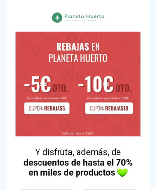 Cupones de -5€ y -10€ desde Planeta Huerto.