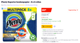 Plenty Superior keukenpapier - 8 x 2 rollen voor €15,99 bij Bol.com