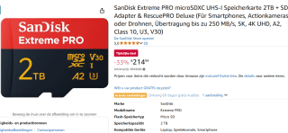 SanDisk Extreme Pro microSD/SD - 200MB/s - 2TB voor €218,60 bij Amazon