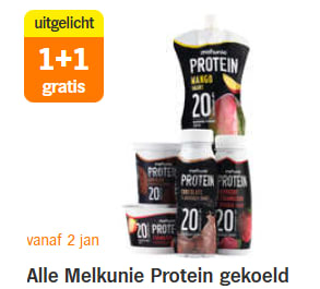 Alle Melkunie Proteïne producten gekoeld 1+1 gratis bij de AH