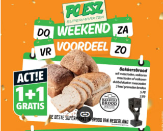 1+1 gratis op alle Bakkersbrood bij Poeisz