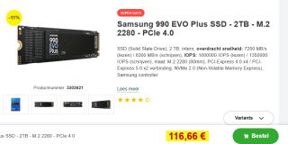 Samsung 990 EVO Plus NVMe M.2 SSD 2TB voor €116,66 bij Proshop