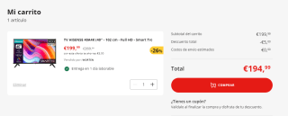 Televisión 40 pulgadas HISENSE 40A4K por 194,99€