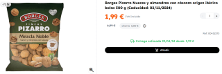 5 Bolsas de Borges Nueces y almendras con cáscara origen ibérico 500 grs por 9.95€
