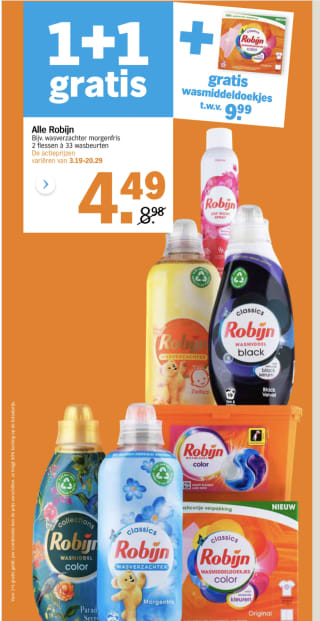 Gratis wasmiddeldoekjes twv €9,99 en 1+1 gratis op Robijn