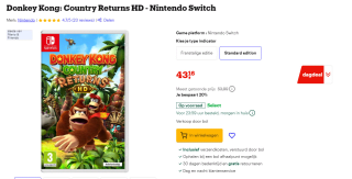 Nintendo Switch Donkey Kong Country Returns HD voor €43,16 bij Bol.
