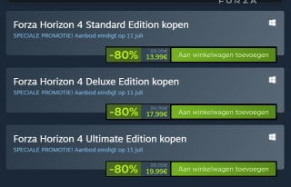 Alle versies van Forza Horizon 4 voor €13,99 p.s via Steam