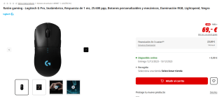 Ratón gaming Logitech G Pro, Inalámbrico por 69€