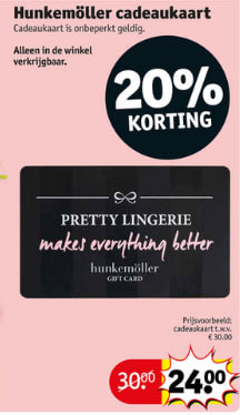 Hunkemöller cadeaukaart t.w.v. €30 voor €24 bij Kruidvat