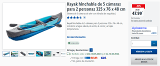 Kayak hinchable de 5 cámaras para 2 personas por 47,99€