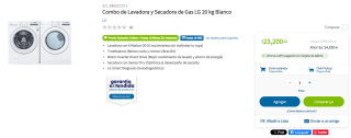 Lavadora y Secadora de Gas LG 20kg por $23,201 en Sam's Club