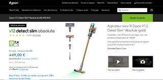 Aspirateur balai sans fil Dyson V12 Detect Slim Absolute à 449€