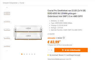 Crucial DDR5 PRO 2x16GB 6000 White CP2K16G60C36U5W geheugenmodule voor €83,99 bij Nbb