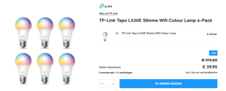 6-Pack (E27) TP-Link Tapo L530E Slimme Wifi Colour lamp voor €39,95 bij tink