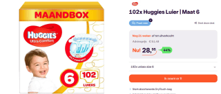 Huggies Ultra Comfort Luiers Maat 6 (15 - 30 Kg) - 102 Stuks Maandverpakking voor €28,95 bij Ibood