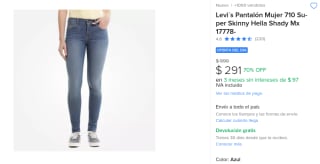 Levi's Pantalón Mujer 710 Super Skinny Hella Shady por $291 en Mercado Libre