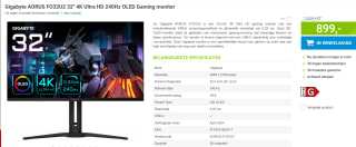 Gigabyte AORUS FO32U2 32" 4K Ultra HD 240Hz OLED Gaming monitor voor €899 bij Megekko