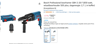 Bosch Blauw GBH 2-26 F Professional Boorhamer met SDS-plus voor €182,40 via Amazon